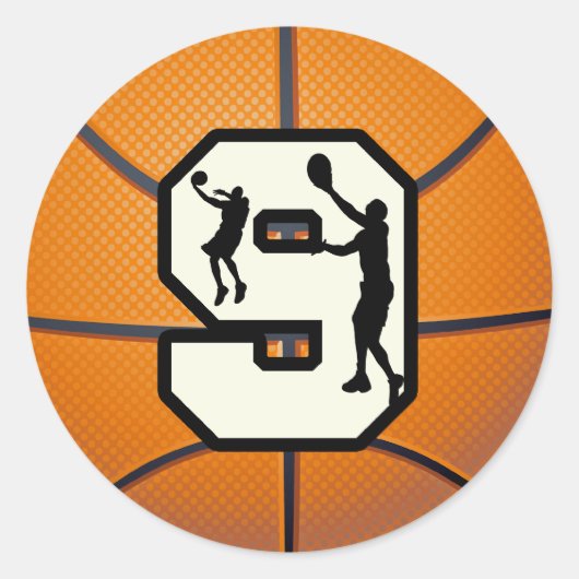 Nummer 9 Basketball en speler Ronde Sticker (Voorkant)