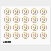 Nummer 9 Negen Roze Rozen Bloemen & Elegant Goud Ronde Sticker (Vel)