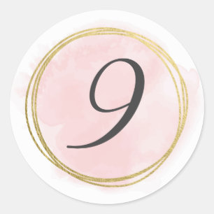 Nummer 9 Nine Monogram Roze Roze Waterverf Goud Ronde Sticker