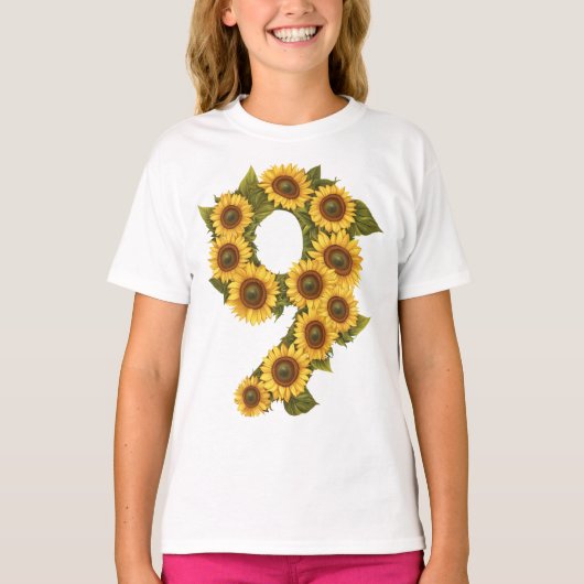 Nummer 9 Zonnebloemen Thema 9 Jaar Oude Kinder Mei T-shirt (Voorkant)