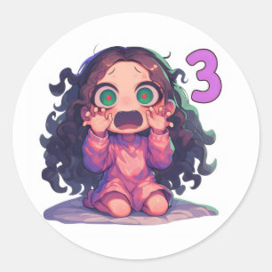 Nummer Drie Anime Meisje Griezelen Ronde Sticker
