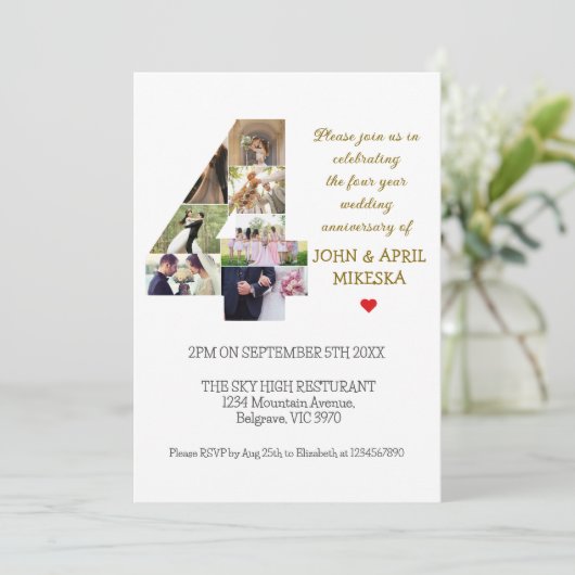 Nummer Vier Custom Photo Wedding Jubileum Kaart (Staand voorkant)