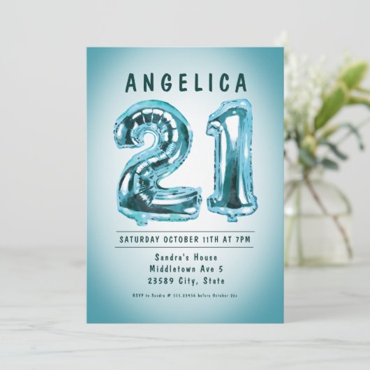 Nummerballonnen 21e verjaardag uitnodiging (Staand voorkant)