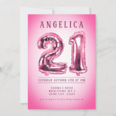 Nummerballonnen 21ste Roze Verjaardag Uitnodiging (Voorkant)
