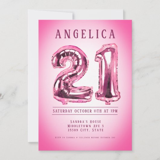 Nummerballonnen 21ste Roze Verjaardag Uitnodiging (Voorkant)