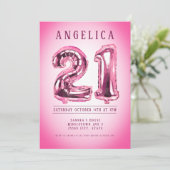 Nummerballonnen 21ste Roze Verjaardag Uitnodiging (Staand voorkant)