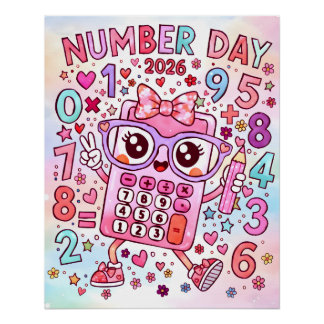 Nummerdag 2026 Schattige Roze Rekenmachine Wiskund Perfect Poster