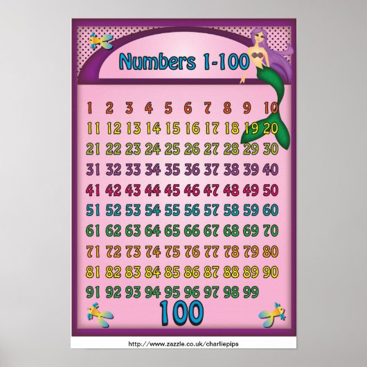 Nummers 1-100 Poster met een Cartoon Zeemeermin (Voorkant)