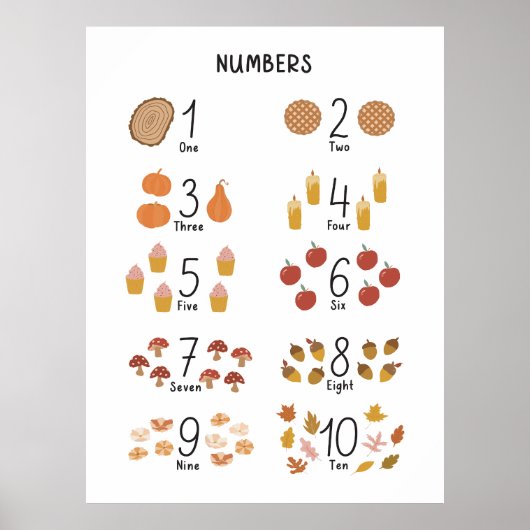 Nummers 1 - 10 in Herfst Esthetisch Kinder Educati Poster (Voorkant)