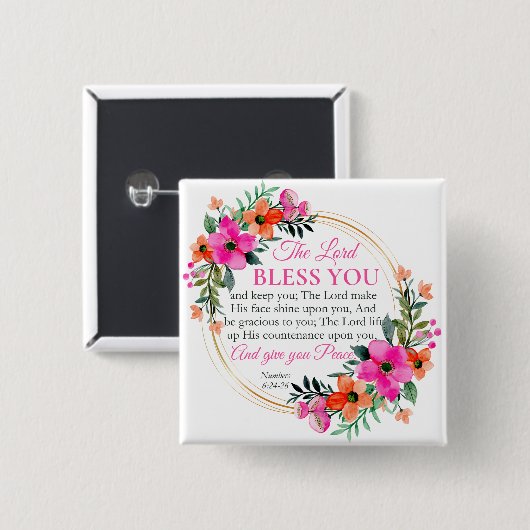 Nummers 6:24-26 Roze Bloemenkrans Christelijk Vierkante Button 5,1 Cm (Voorkant /achterkant)