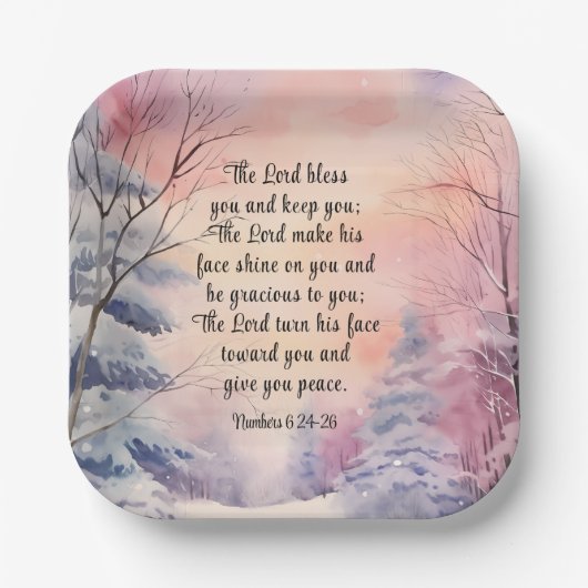 Nummers 6 Heer zegene u Bijbel Verse Winter Scène Papieren Bordje (Voorkant)
