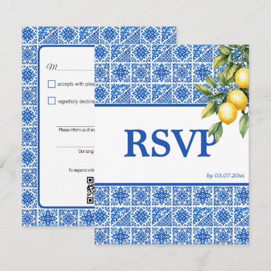 🌈 Nummerverzoek + QR-code Azul & Limone Romance RSVP Kaartje (Voorkant / Achterkant)