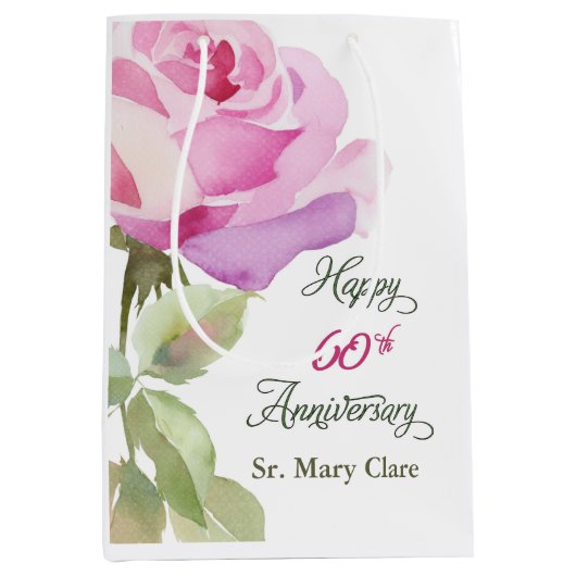 Nun 60th Anniversary Jubilee Custom Name Pink Rose Medium Cadeauzakje (Voorkant)
