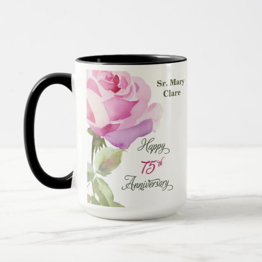 Nun Aangepaste Naam 75ste Verjaardag Roze Roos Mok (Links)