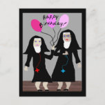 Nun Birthday Gifts "Happy Birthday Sister" Briefkaart<br><div class="desc">Katholieke Nun Birthday-kaart,  mokken,  canvas tassen,  postkaarten en knoppen.  Twee nonnen,  één met roze ballonnen.  Schattig!</div>