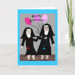 Nun Birthday Gifts "Happy Birthday Sister" Kaart<br><div class="desc">Katholieke Nun Birthday-kaart,  mokken,  canvas tassen,  postkaarten en knoppen.  Twee nonnen,  één met roze ballonnen.  Schattig!</div>