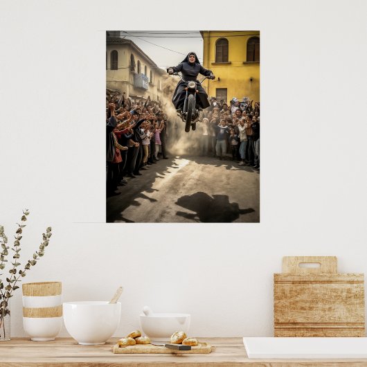 Nun Jumping Motorcycle Poster (Keuken)