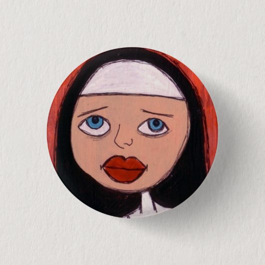 nun met grote rode lippenknop ronde button 3,2 cm (Voorkant)