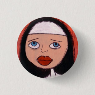 nun met grote rode lippenknop ronde button 3,2 cm