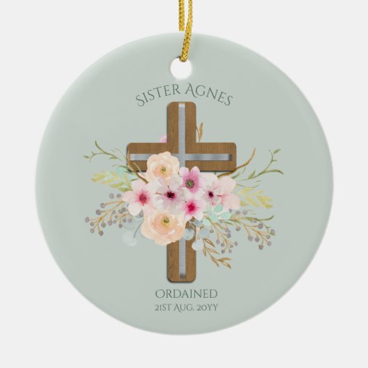 NUN - Ordening of Jubileum - Floral Cross Keramisch Ornament (Voorkant)