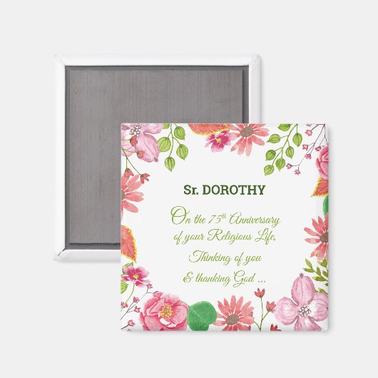 Nun Religieuze 75e Jubileum Waterverf Bloemen Magneet (Voorkant / Achterkant)