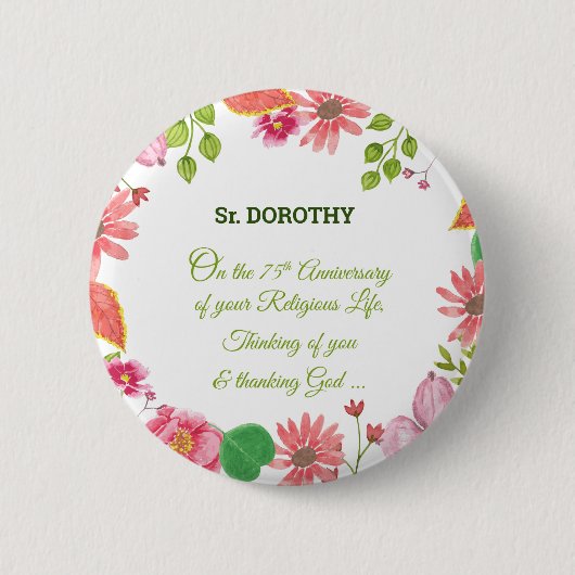 Nun Religieuze 75e Jubileum Waterverf Bloemen Ronde Button 5,7 Cm (Voorkant)
