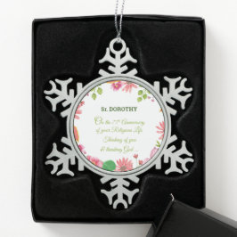 Nun Religieuze 75e Jubileum Waterverf Bloemen Tin Sneeuwvlok Ornament