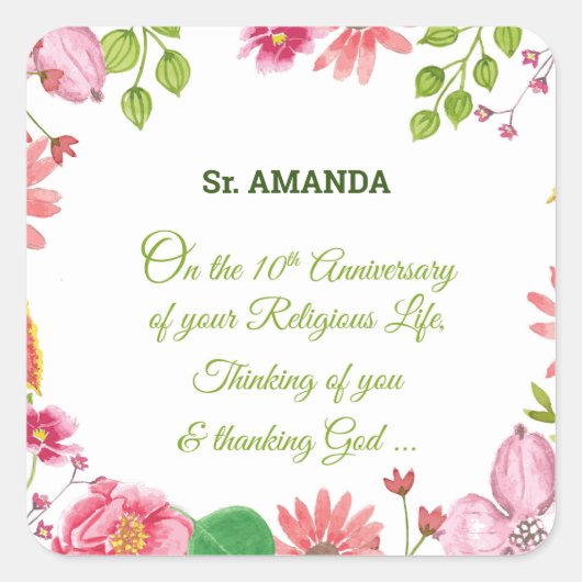 Nun Religious 10th Jubileum Waterverf Flowers Vierkante Sticker (Voorkant)