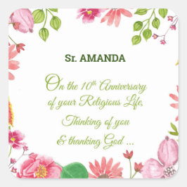Nun Religious 10th Jubileum Waterverf Flowers Vierkante Sticker