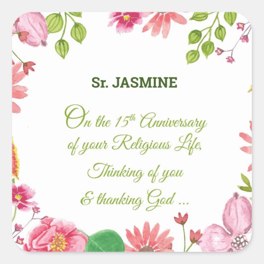 Nun Religious 15th Jubileum Waterverf Flowers Vierkante Sticker (Voorkant)