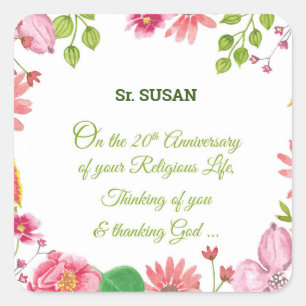 Nun Religious 20th Jubileum Waterverf Flowers Vierkante Sticker