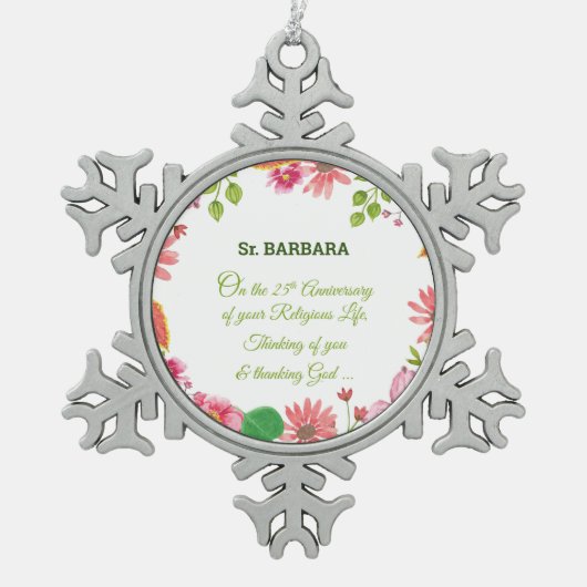 Nun Religious 25th Jubileum Waterverf Flowers Tin Sneeuwvlok Ornament (Voorkant)