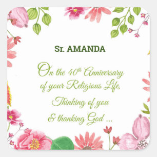 Nun Religious 40th Jubileum Waterverf Flowers Vierkante Sticker