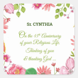 Nun Religious 45th Jubileum Waterverf Flowers Vierkante Sticker