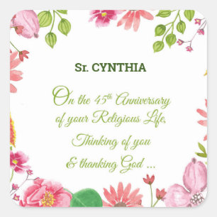 Nun Religious 45th Jubileum Waterverf Flowers Vierkante Sticker
