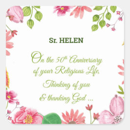 Nun Religious 50th Jubileum Waterverf Flowers Vierkante Sticker