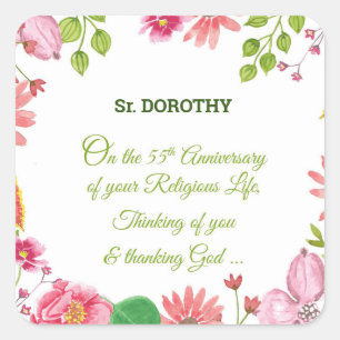 Nun Religious 55th Jubileum Waterverf Flowers Vierkante Sticker