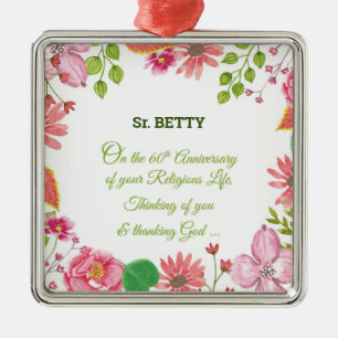 Nun Religious 60th Jubileum Waterverf Flowers Metalen Ornament
