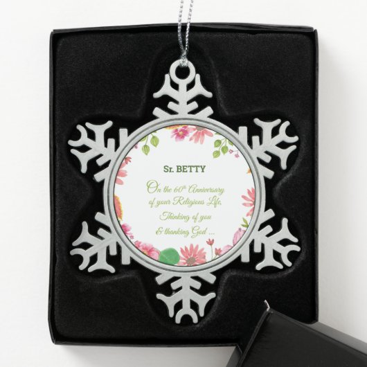 Nun Religious 60th Jubileum Waterverf Flowers Tin Sneeuwvlok Ornament (Kistje)