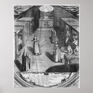 Nuns die voedsel serveren aan de patiënten op de poster