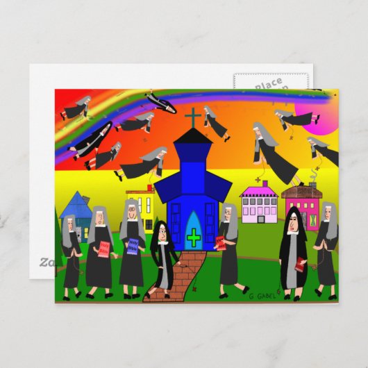 Nuns "Flying Nuns" Whimsical Art Briefkaart (Voorkant / Achterkant)