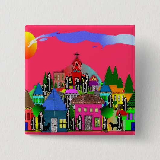 "Nuns of the Village" Whimsical Art Gifts Vierkante Button 5,1 Cm (Voorkant)