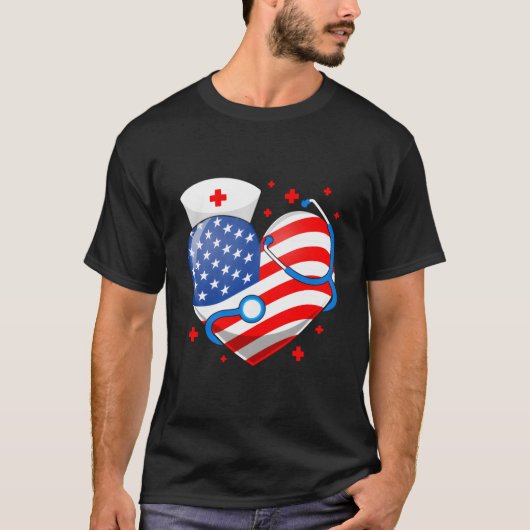 Nurse 4Th Of July American Flag He Stethoscope Nur T-shirt (Voorkant)