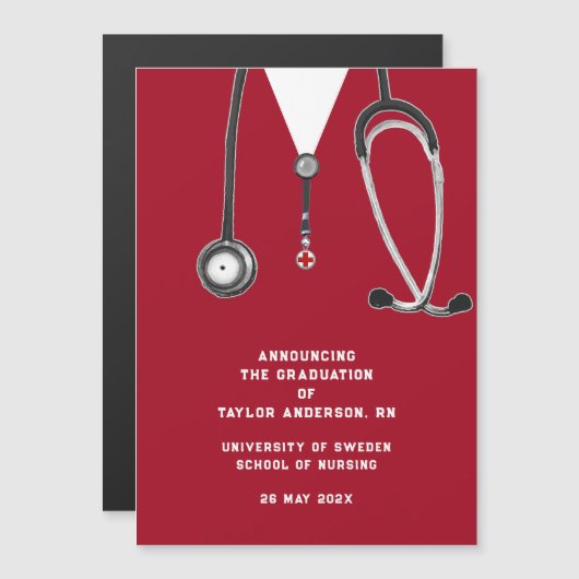 Nurse Afstuderen Announcement Red Magnetische Uitnodiging (Voorkant / Achterkant)