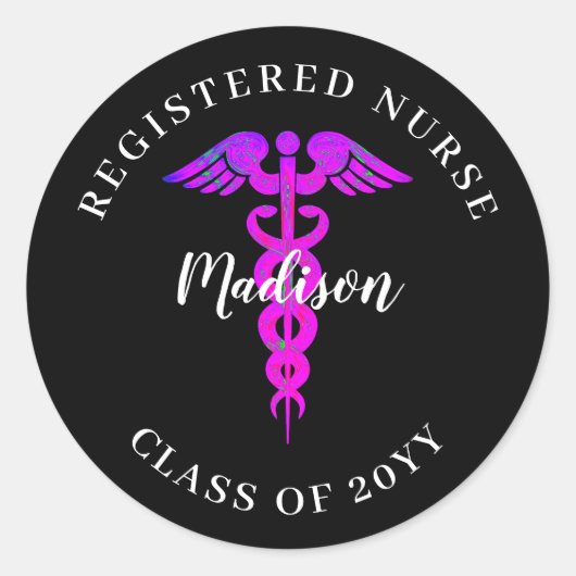 Nurse Afstuderen Black Pink Medical Caduceus Naam Ronde Sticker (Voorkant)