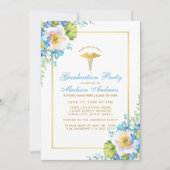 Nurse Blue Floral Gold Afstudeerder Party Invitati Kaart (Voorkant)