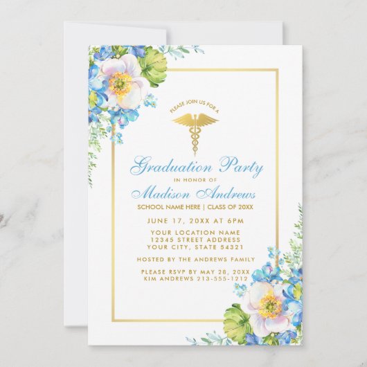 Nurse Blue Floral Gold Afstudeerder Party Invitati Kaart (Voorkant)