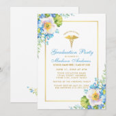 Nurse Blue Floral Gold Afstudeerder Party Invitati Kaart (Voorkant / Achterkant)