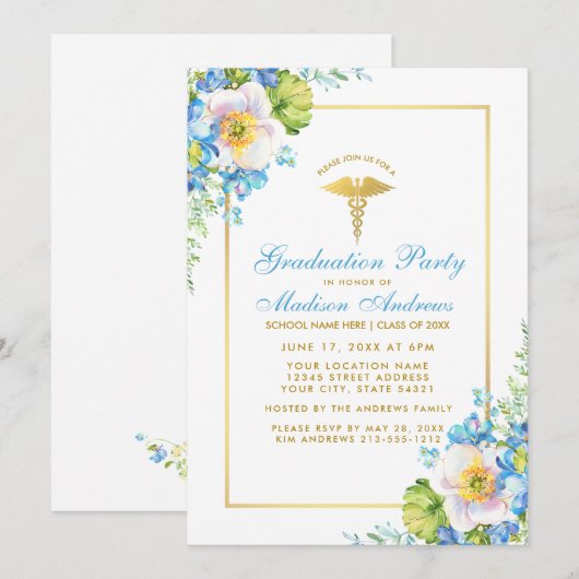 Nurse Blue Floral Gold Afstudeerder Party Invitati Kaart (Voorkant / Achterkant)