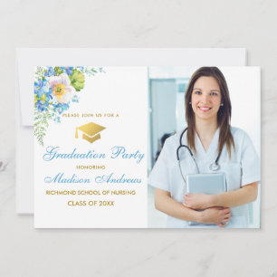 Nurse Blue Floral Gold Afstudeerder Party Invite Kaart
